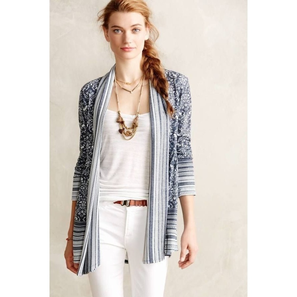 Anthropologie One September Pocono Cardigan Women M Navy White Damask Open Front